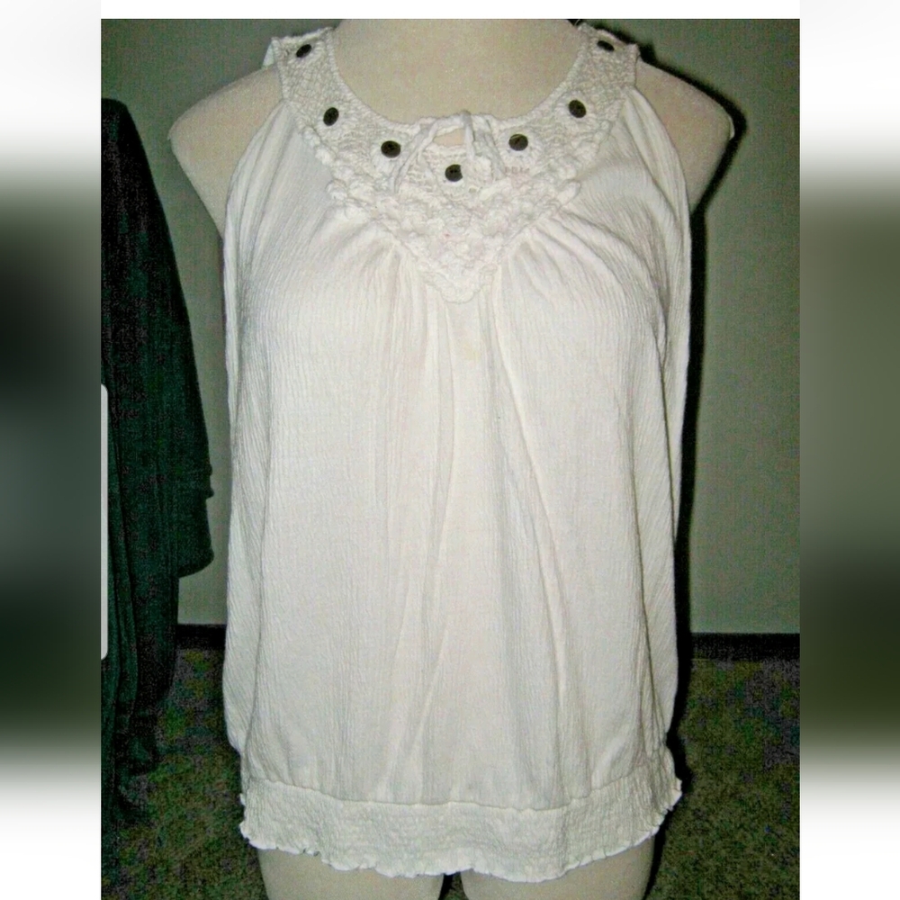 FRENCH LAUNDRY White Crochet Tie Neck Banded Waist Hippie Knit Tank Top 18 / 20
